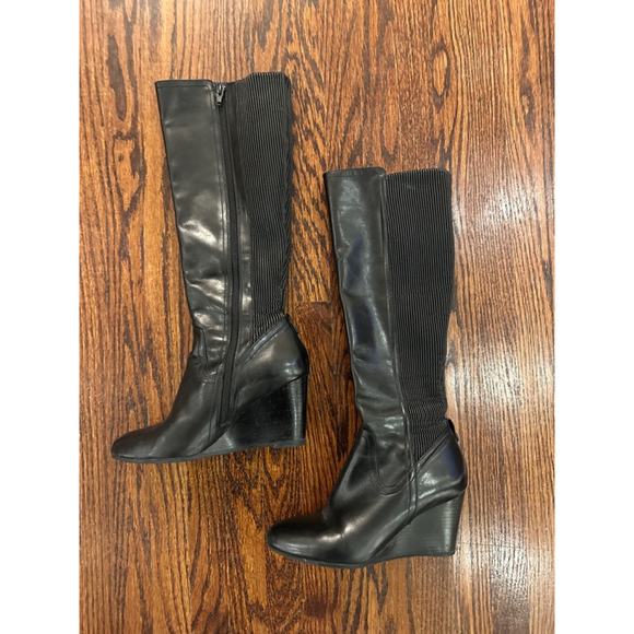 Women's Rudsak Black Leather Wedge Knee High Boots - Picture 4 of 12